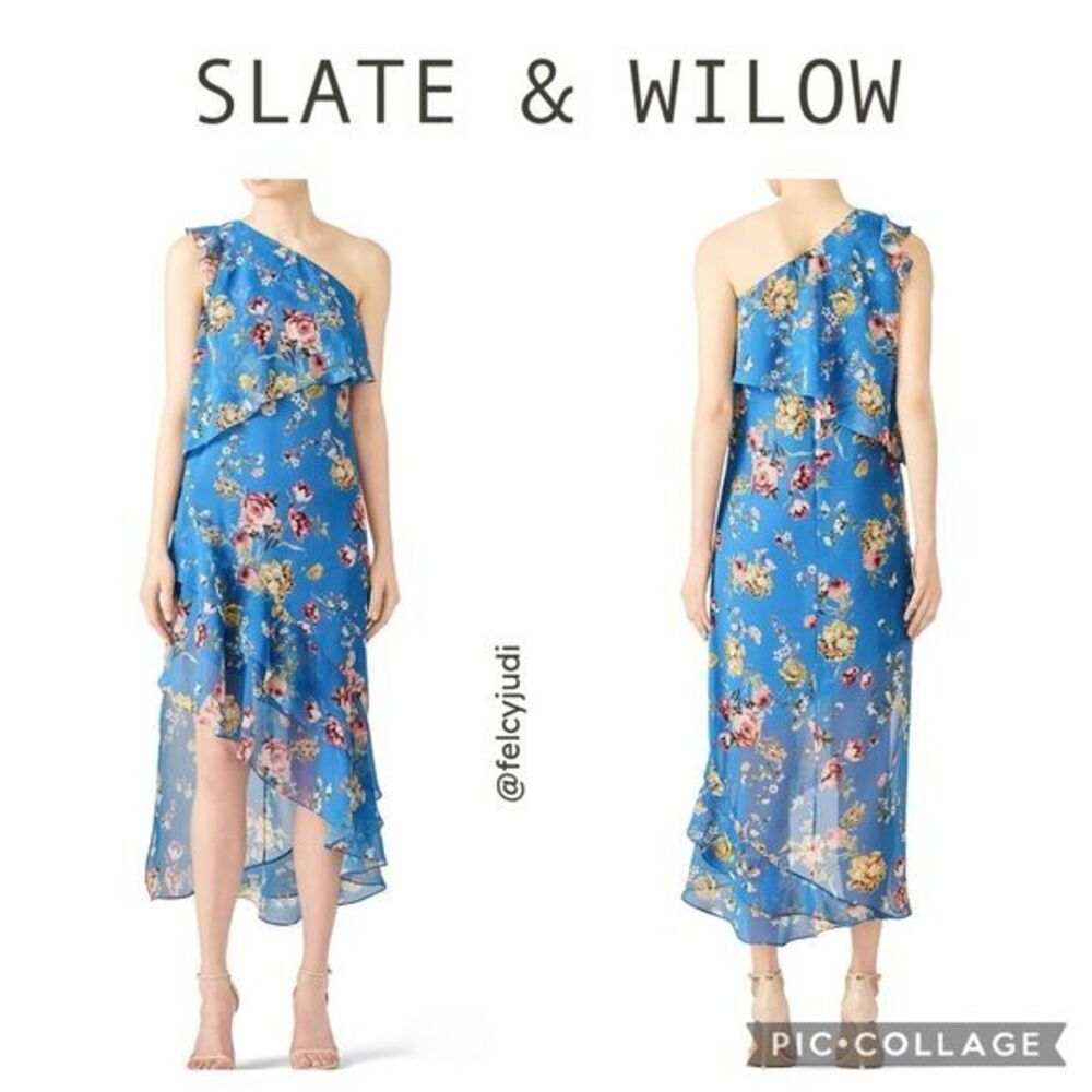 Slate & Willow | Women's Blue Floral Chiffon Tiered Ruffle Maxi Dress, Size‎ 10